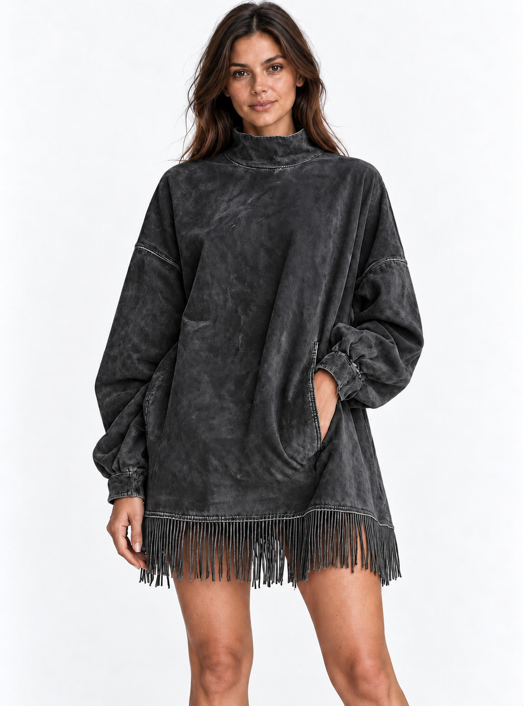 Vestido de cuello alto de gamuza sintética