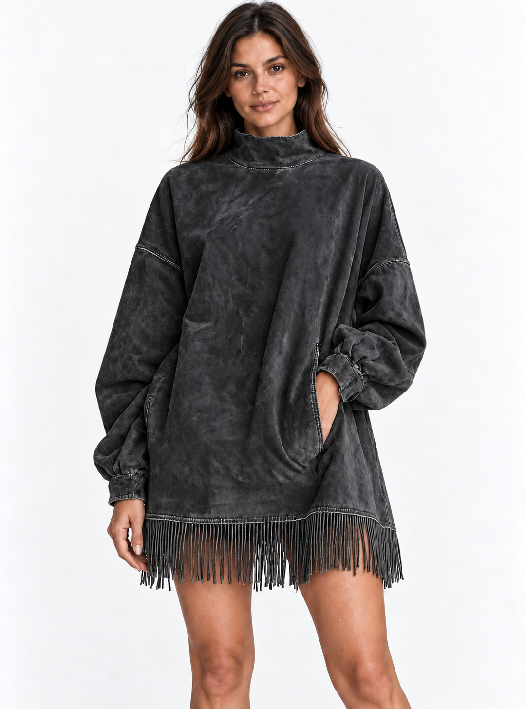 Vestido de cuello alto de gamuza sintética