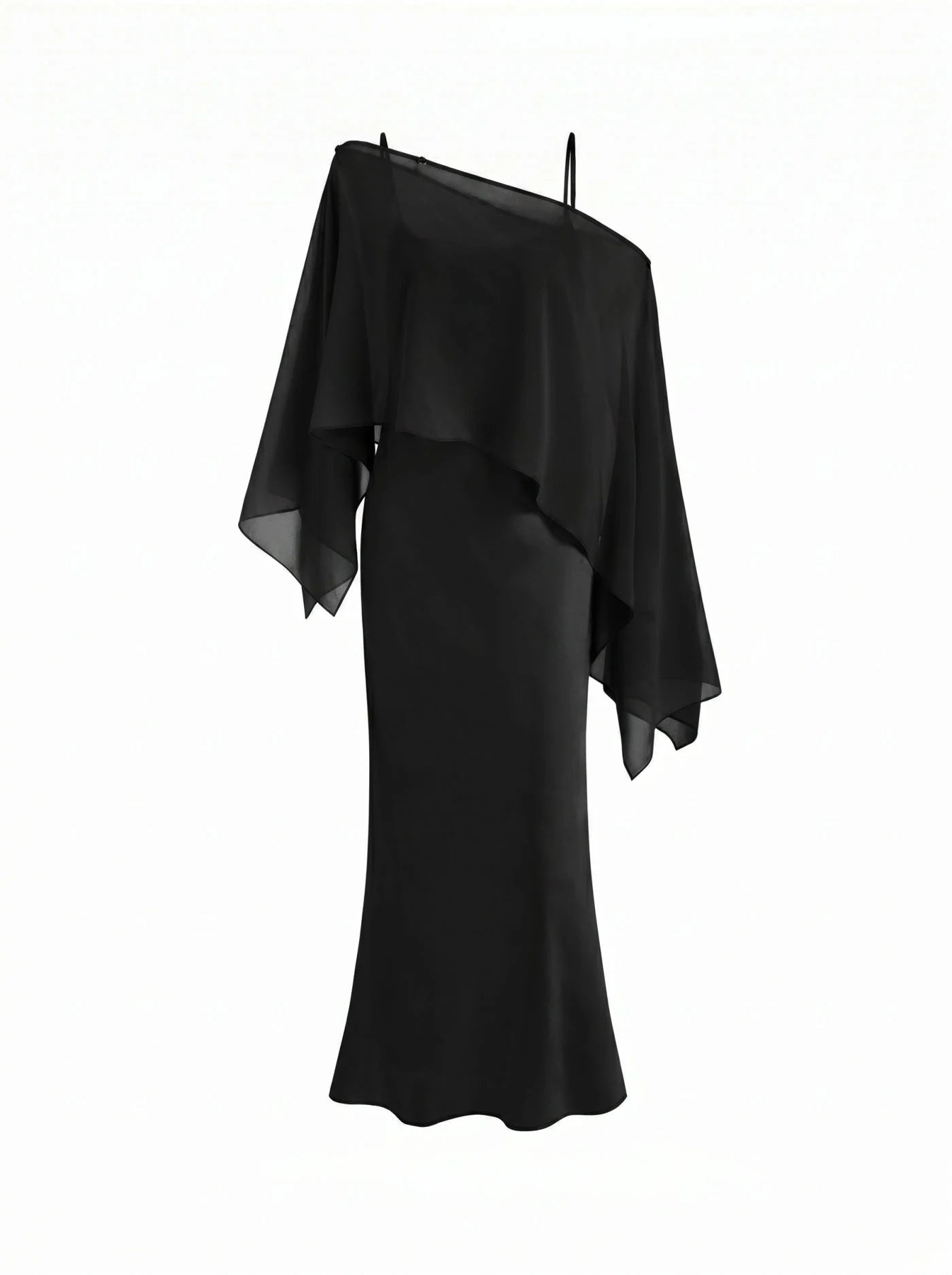 Satin Off-shoulder Cloak Sleeve Wrap Mermaid Maxi Dress