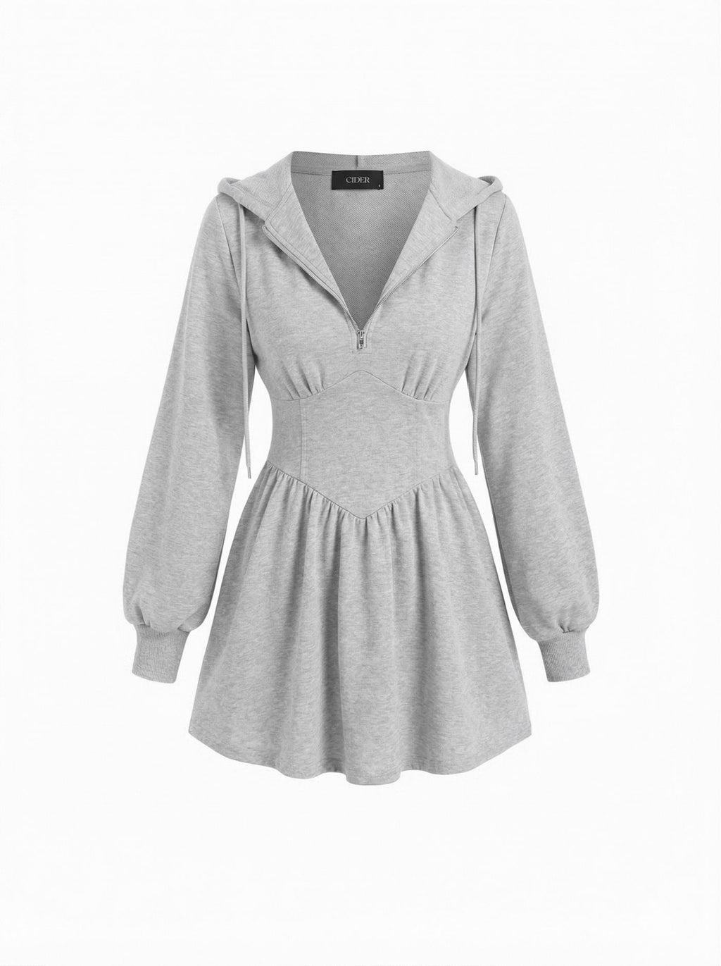 Cotton-blend Hooded Lantern Sleeve Ruched Sweatshirt Mini Dress