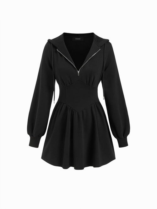 Cotton-blend Hooded Lantern Sleeve Ruched Sweatshirt Mini Dress